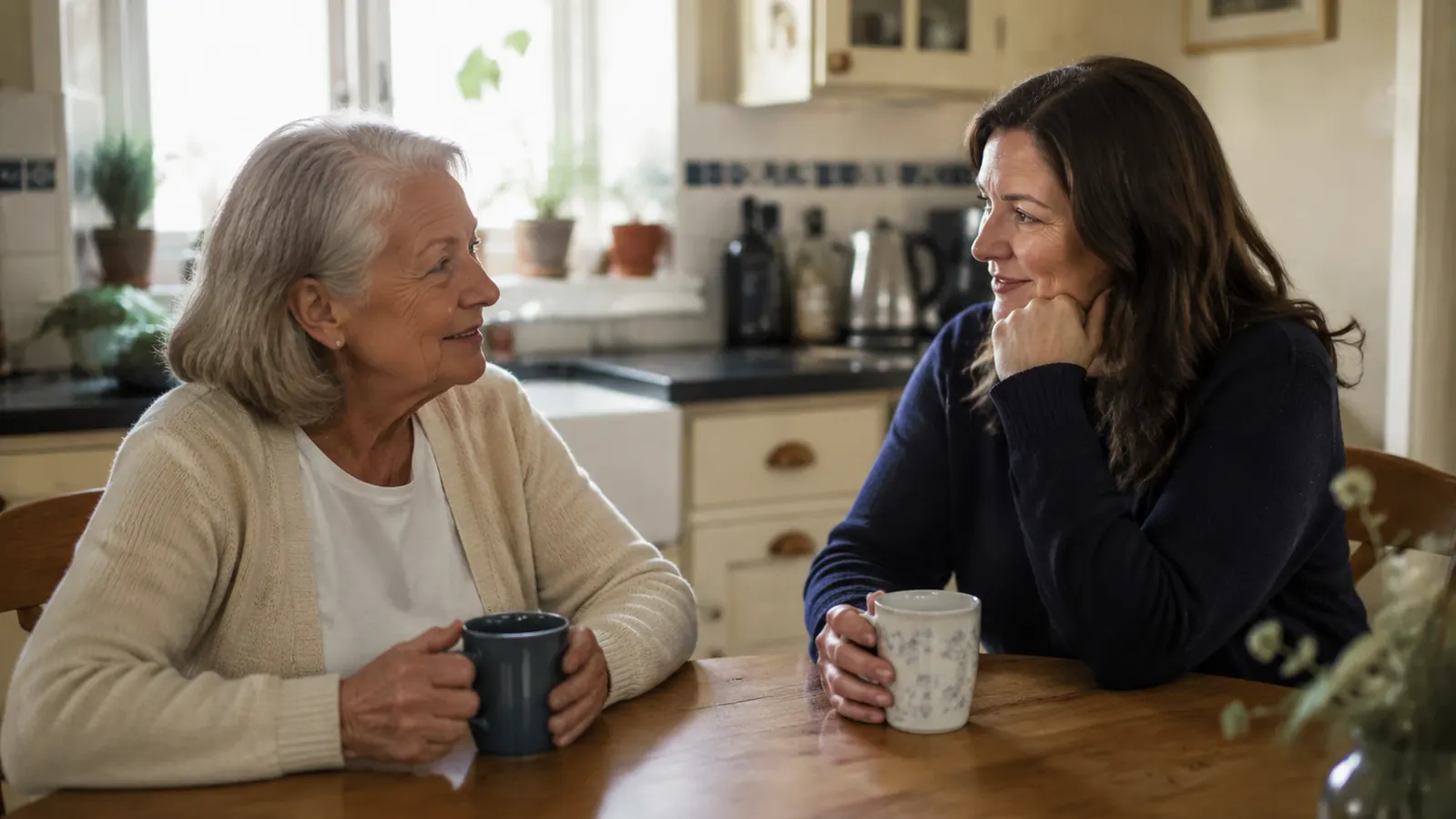 Two women, a senior and her adult daughter, sitting at a kitchen table having coffee together