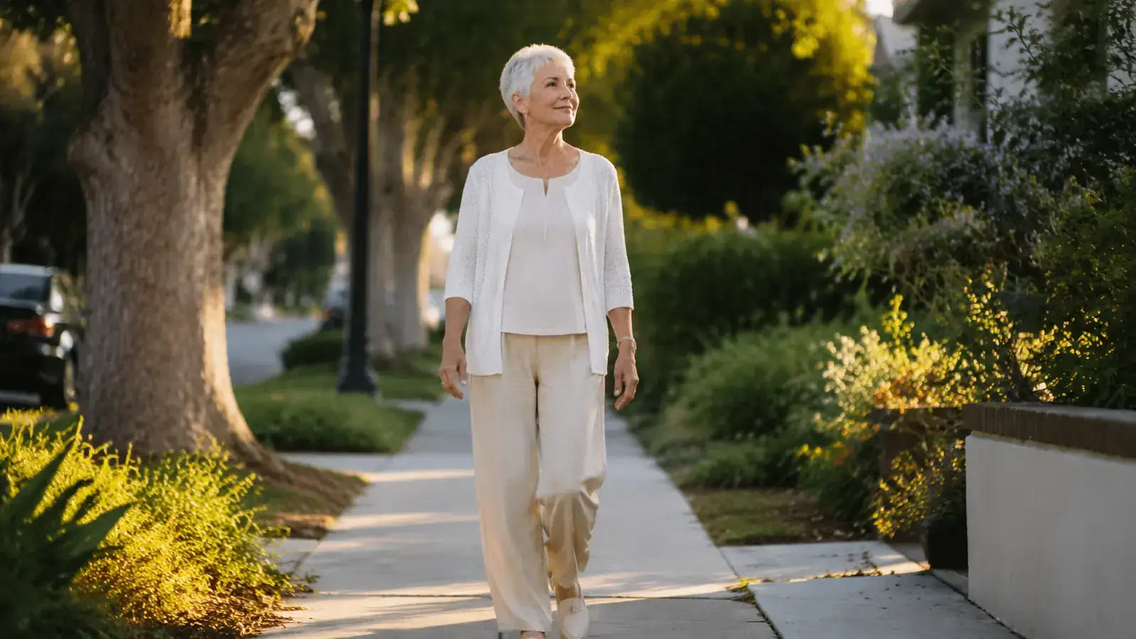 Older woman walking carefully on a neighborhood sidewalk in morning light, steady and upright