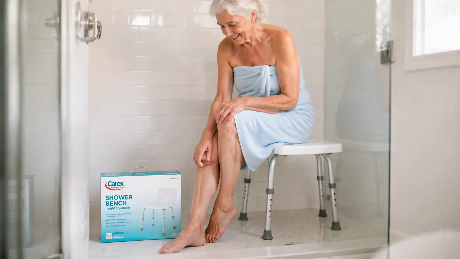 Close-up of Carex shower bench height-adjustable legs set on tile floor next to a shower