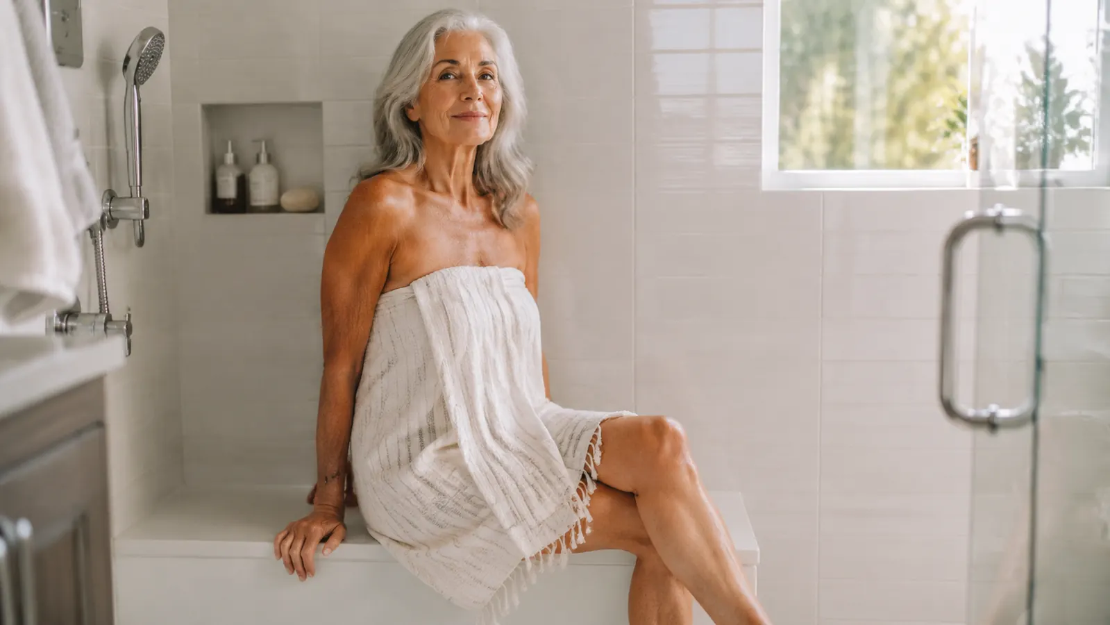 Senior woman sitting on a shower bench in a walk-in shower, warm morning light, calm expression