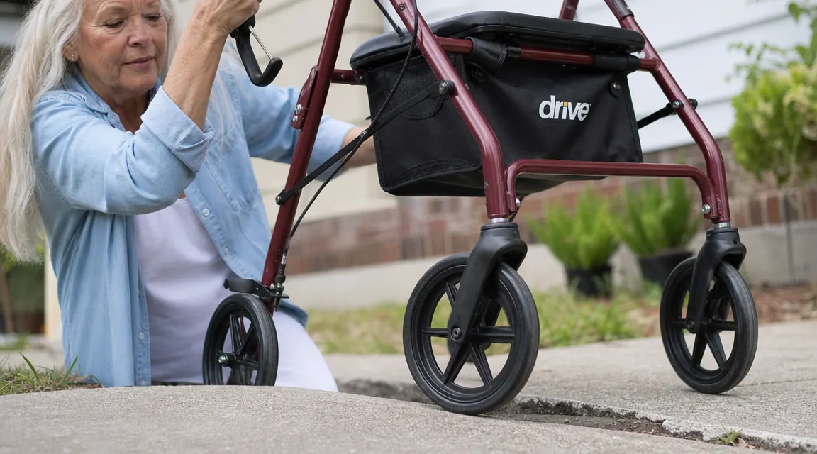 Close-up of Drive Medical rollator wheel on a cracked sidewalk showing 8-inch wheel navigating a small gap