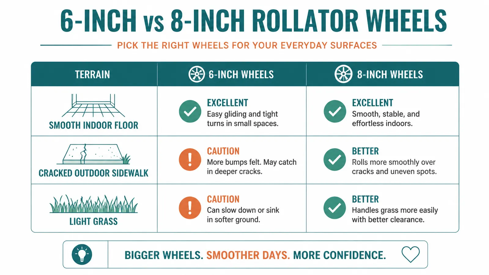 Diagram comparing 6-inch versus 8-inch rollator wheels on three surface types: smooth floor, cracked sidewalk, grass