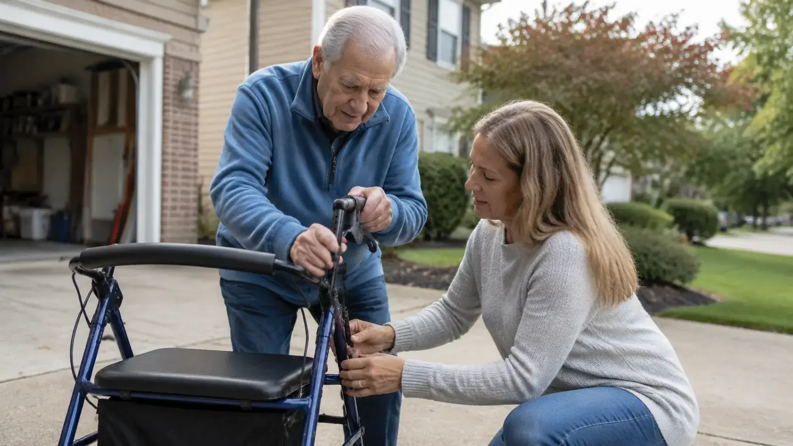 Senior man adjusting the handle height on a rollator walker in a driveway, adult daughter standing nearby
