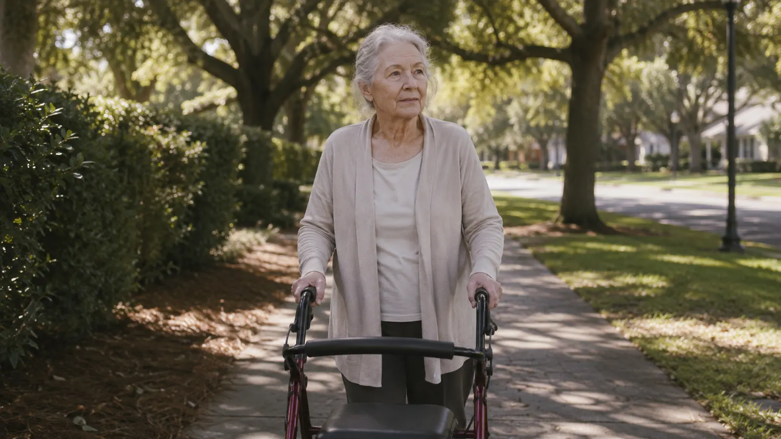 Senior woman using a burgundy rollator walker on a paved neighborhood path in morning light