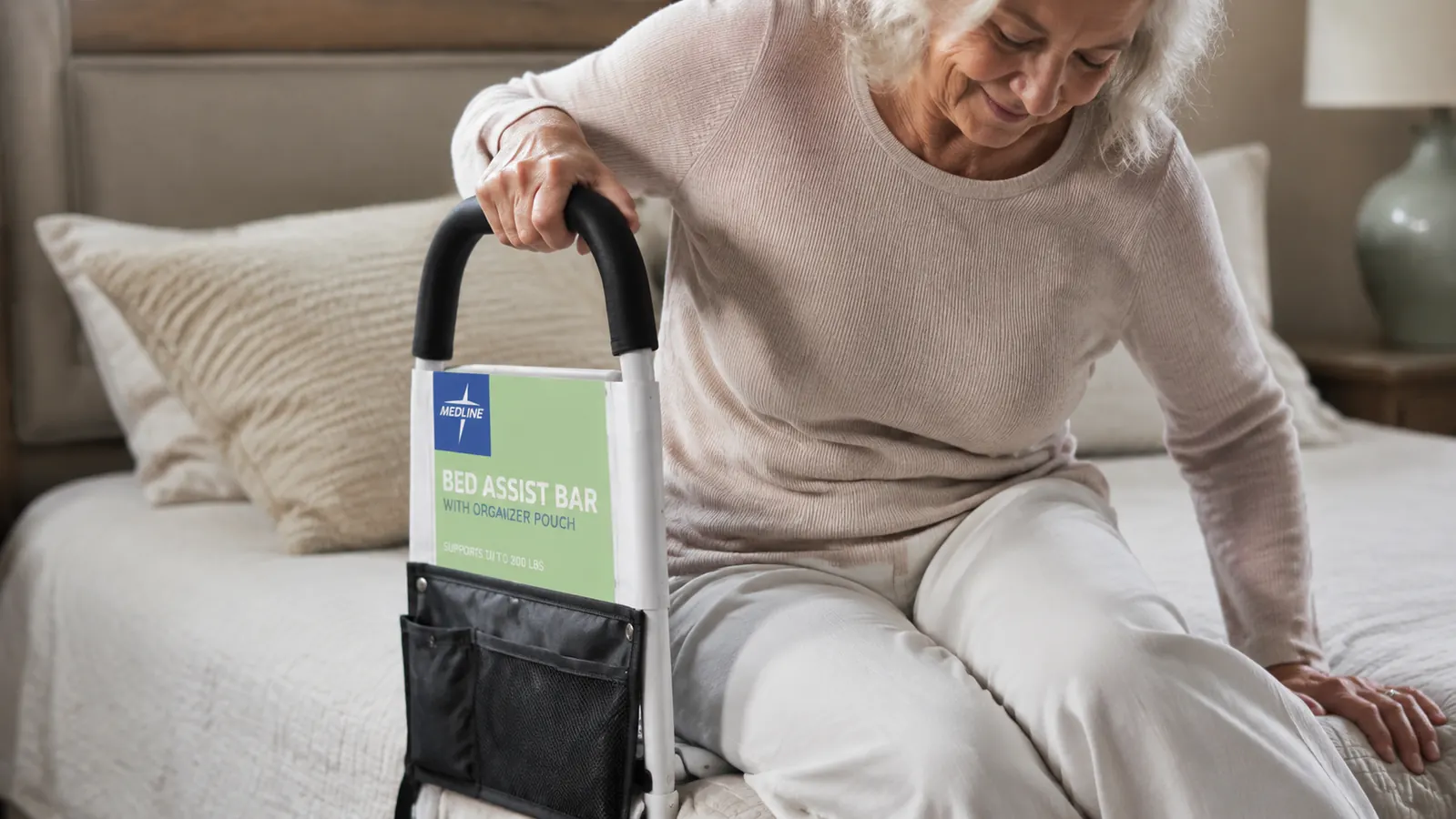 Close-up of a hand gripping the Medline bed assist bar handle while legs swing over the edge of a mattress