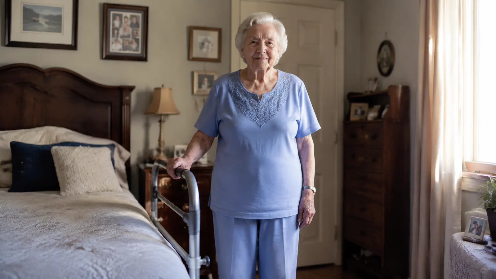 Senior woman standing safely beside her bed in the morning, one hand steadying herself on a bed rail