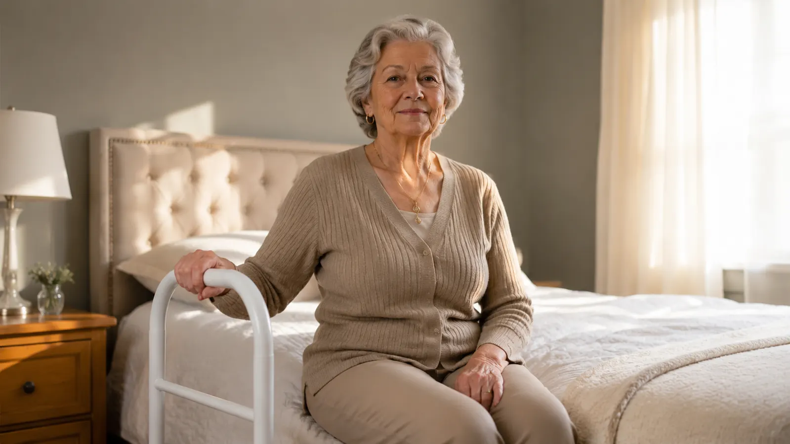 Older woman sitting on the edge of her bed in early morning light, hands resting on a bed assist rail beside her