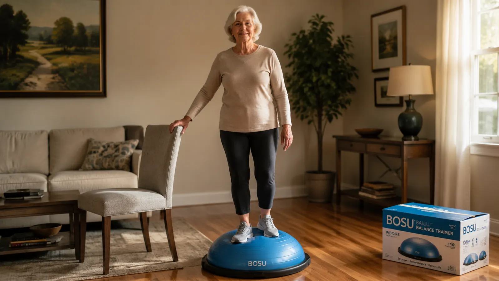 Woman using a BOSU Balance Trainer dome-side-up on a living room carpet, light hand on a chair back for safety