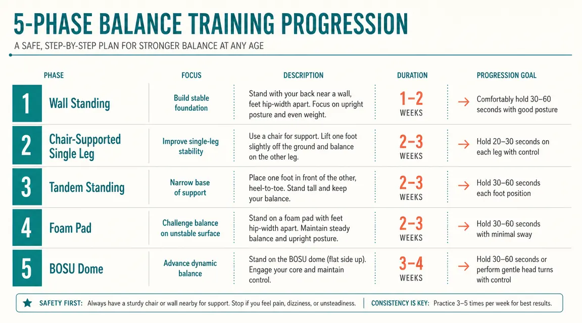 Simple progression chart showing five balance training phases from wall-supported standing to unsupported BOSU balance, labeled Week 1 through Week 10