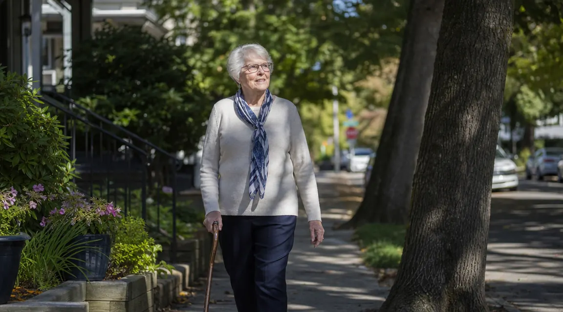 Senior woman standing outside on a sidewalk, cane in hand, walking confidently, bright afternoon light