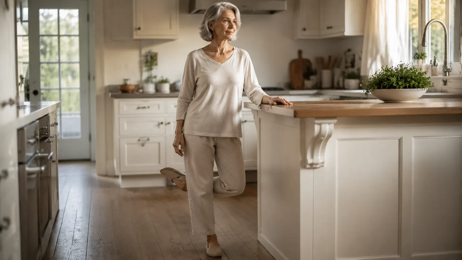 Older woman standing near kitchen counter with one hand lightly on the surface, doing a single-leg balance hold in soft morning light