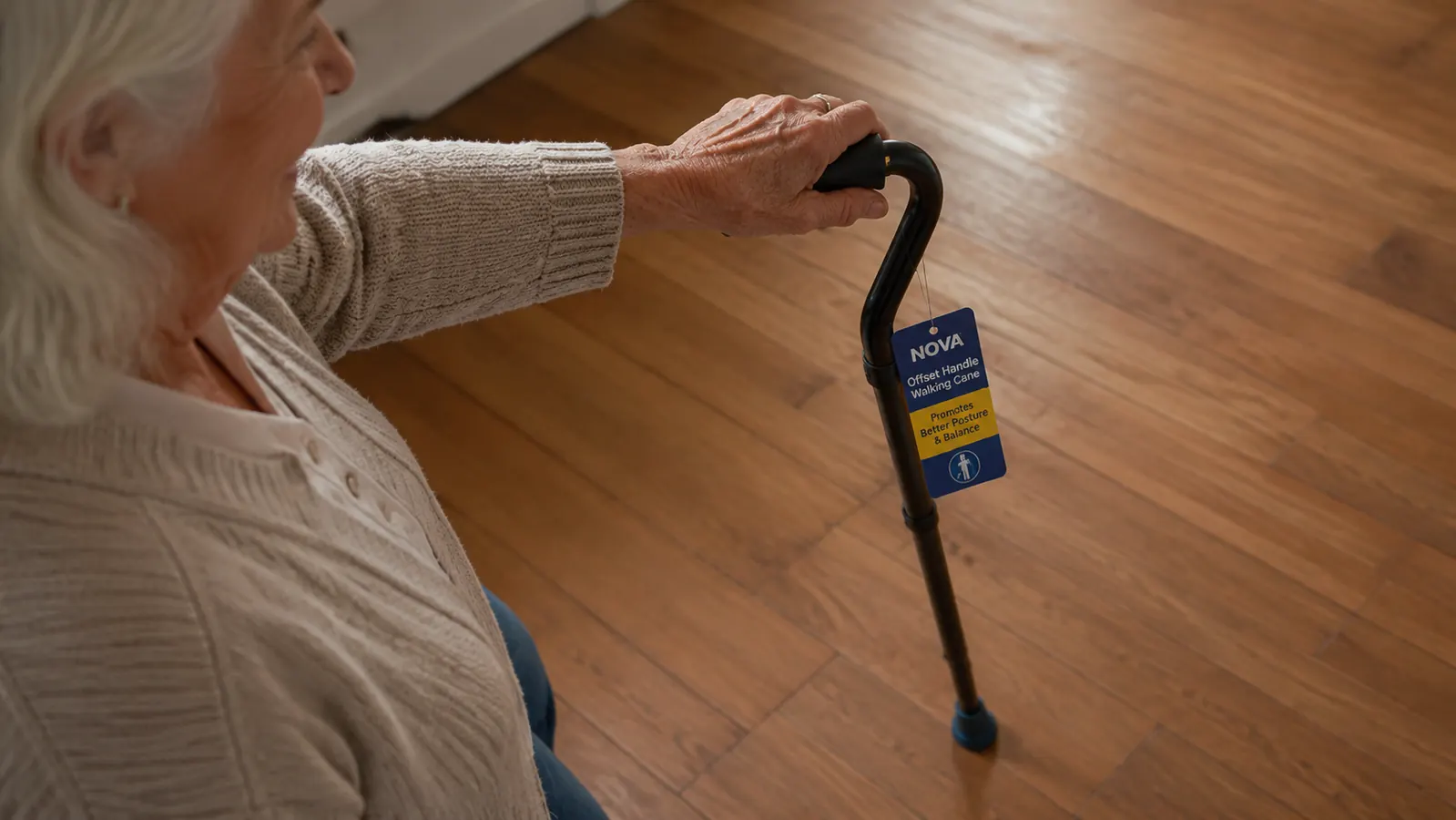 Close-up of a hand gripping a NOVA offset cane handle, demonstrating the correct wrist angle during a forward step
