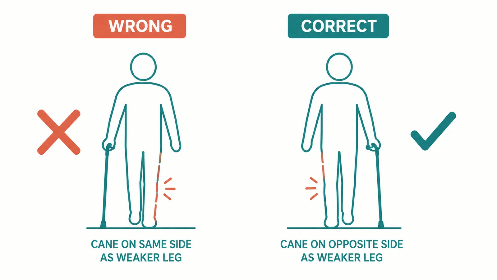 Diagram showing a figure holding a cane on the correct side (opposite the weaker leg) versus the common wrong-side mistake