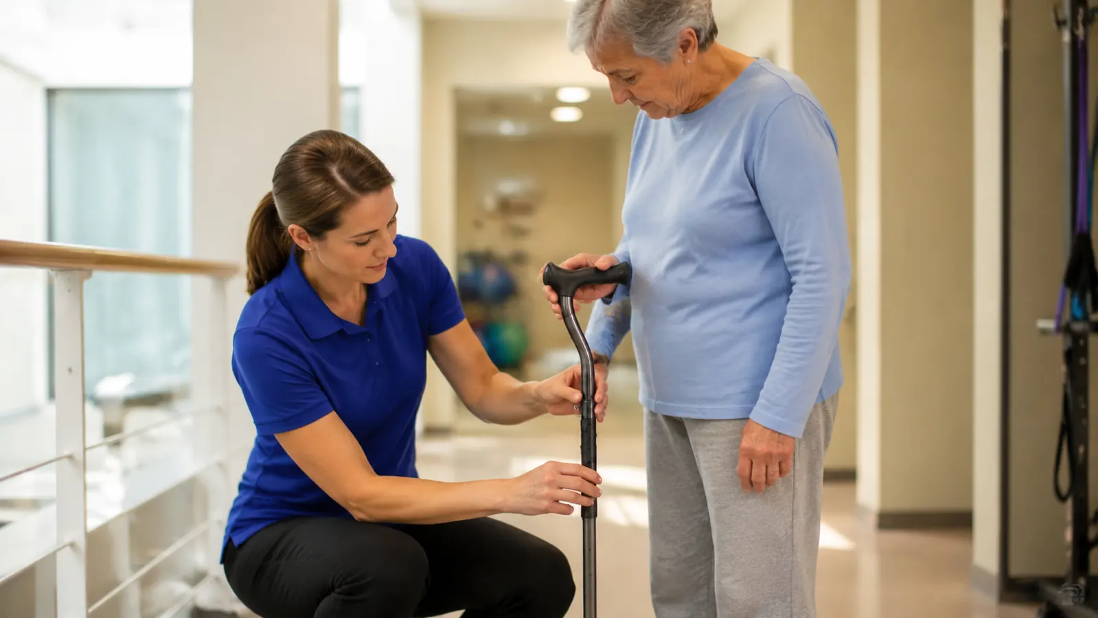 Physical therapist adjusting the height of a patient's cane in a clinic hallway, demonstrating the elbow-bend measurement