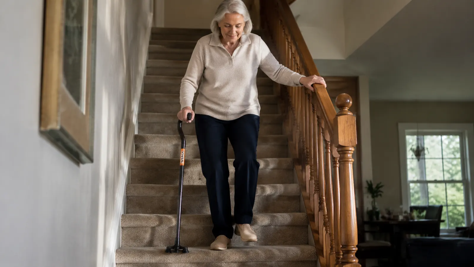 Woman placing a cane tip down one step before her weaker foot while descending a staircase with a railing