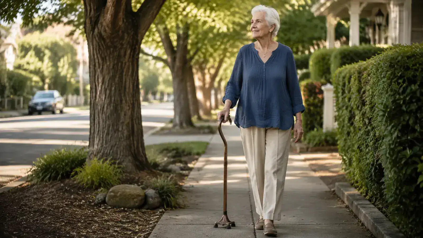 Older woman walking confidently on a tree-lined sidewalk, using an offset-handle cane held at the correct height on her stronger side