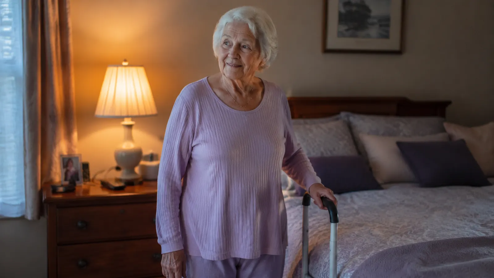 Senior woman standing confidently beside her bed at night using the assist bar, warm lamp light, calm expression