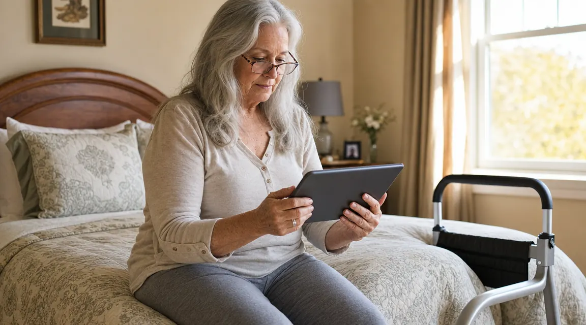 Woman in her 70s reading one-star reviews on a tablet while sitting on the edge of her bed, a Medline bed assist bar visible beside her