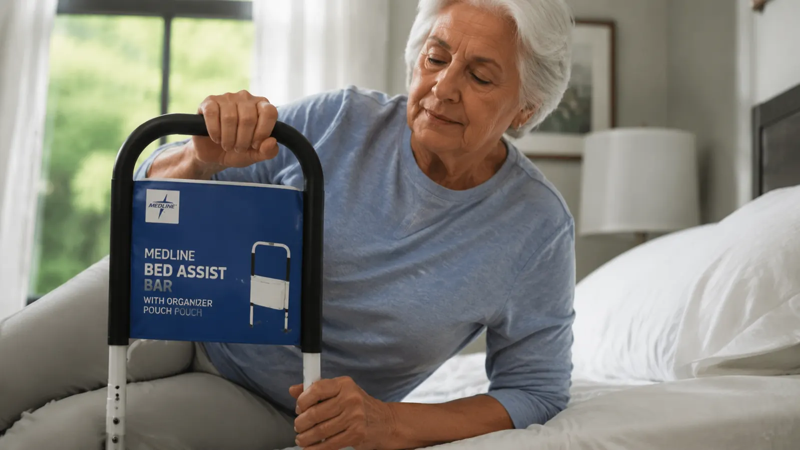 Close-up of a hand gripping the Medline Bed Assist Bar handle while getting up from a bed