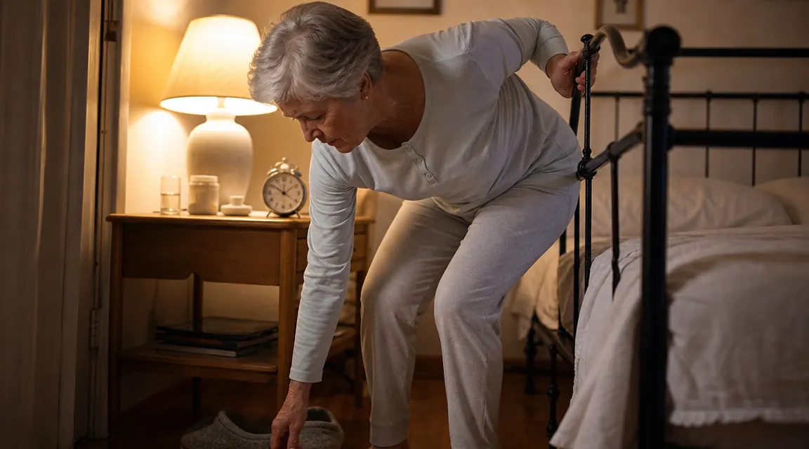 Older woman standing confidently next to her bed at night, using a bed rail for balance while putting on her slippers