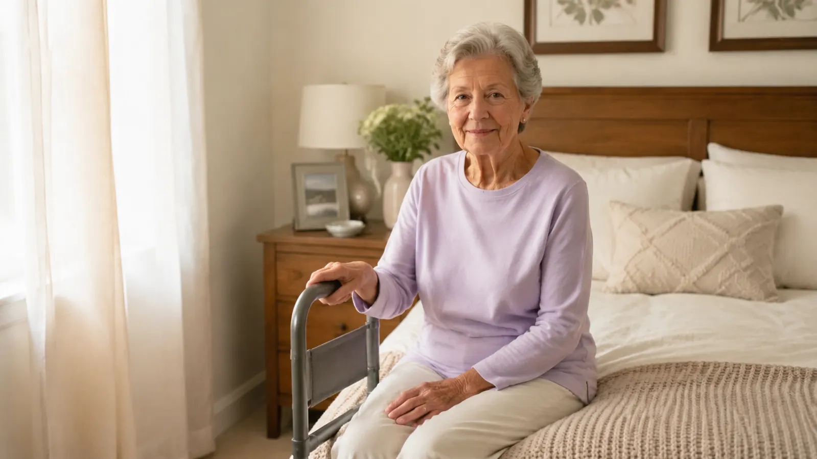 Senior woman sitting on the edge of a bed in early morning light, hand resting on a metal bed assist bar, looking calm and composed