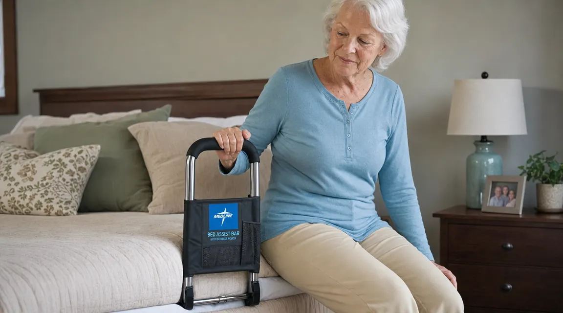 Close-up of the Medline bed assist bar installed between a mattress and box spring, storage pocket visible on the side