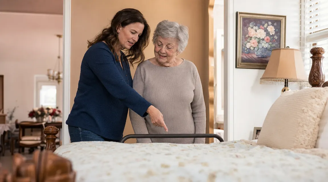 Adult daughter helping her elderly mother adjust bed rail height while both look at the rail together