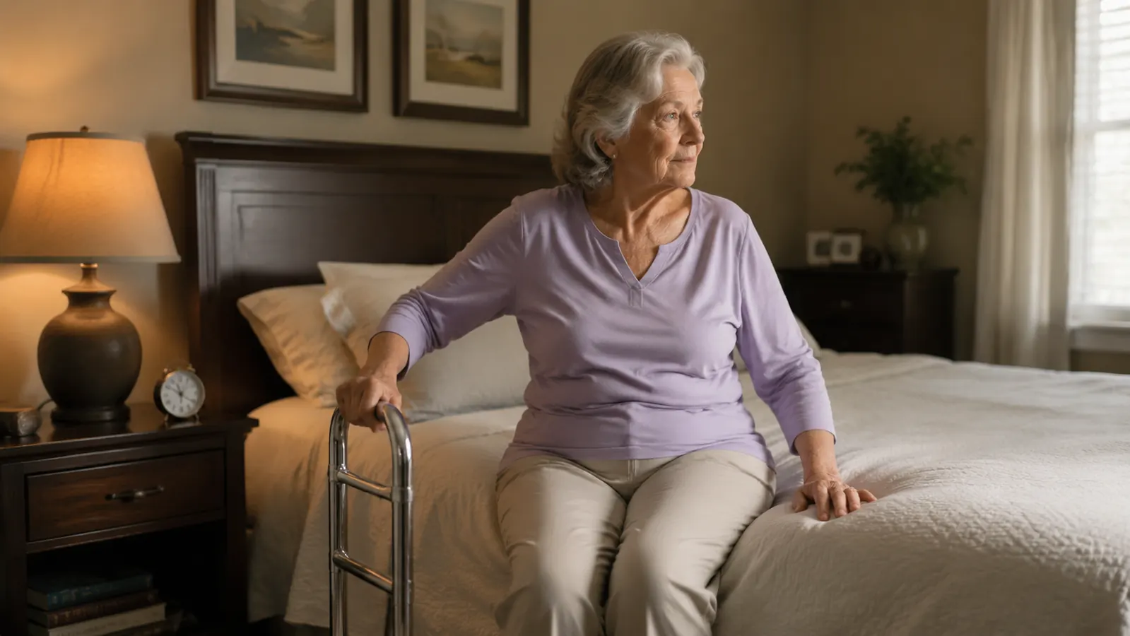 Senior woman sitting on the edge of her bed with her hand resting on a short metal bed assist bar, morning light coming through the curtains