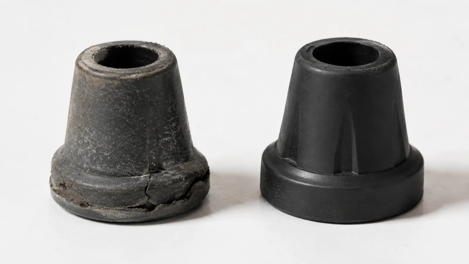 Worn rubber cane tip next to a new replacement tip, showing visible compression and edge cracking