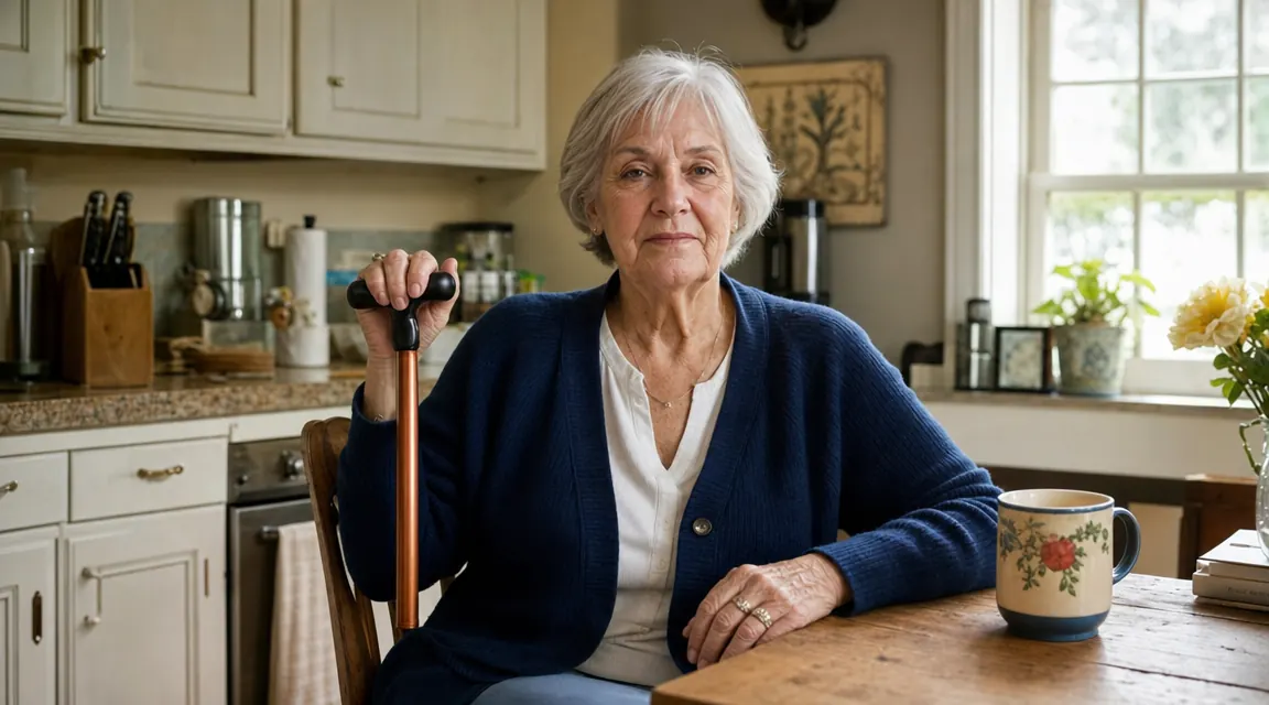 Woman sitting at a kitchen table holding a cane and looking at the camera with a frank, calm expression