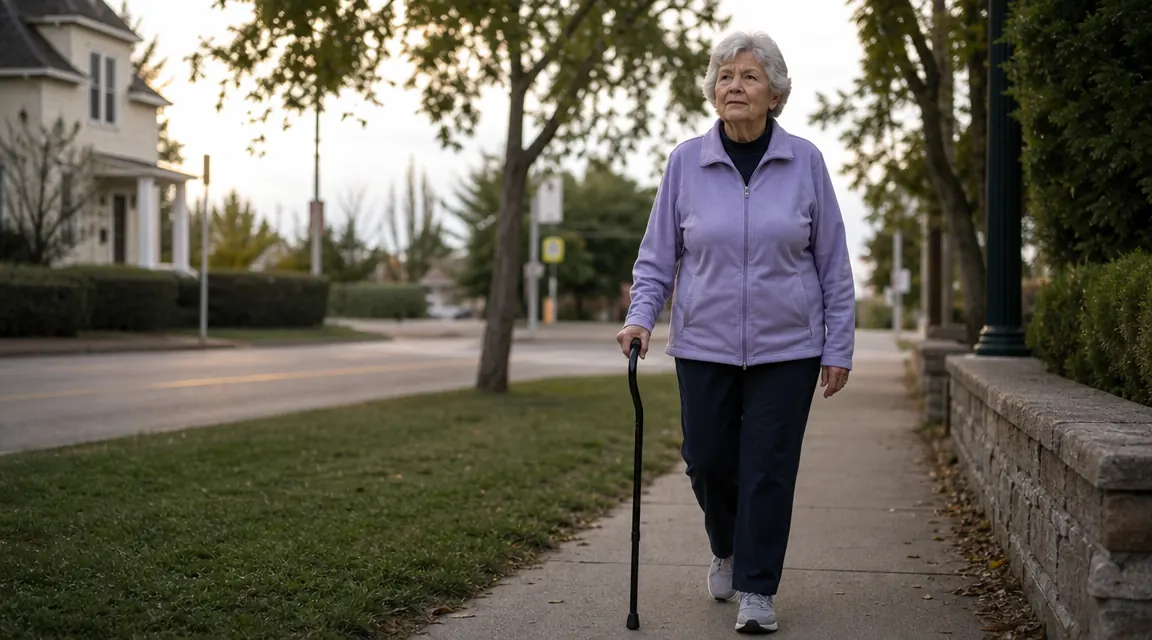 Older woman walking on a suburban sidewalk using an offset handle cane, morning light casting long shadows