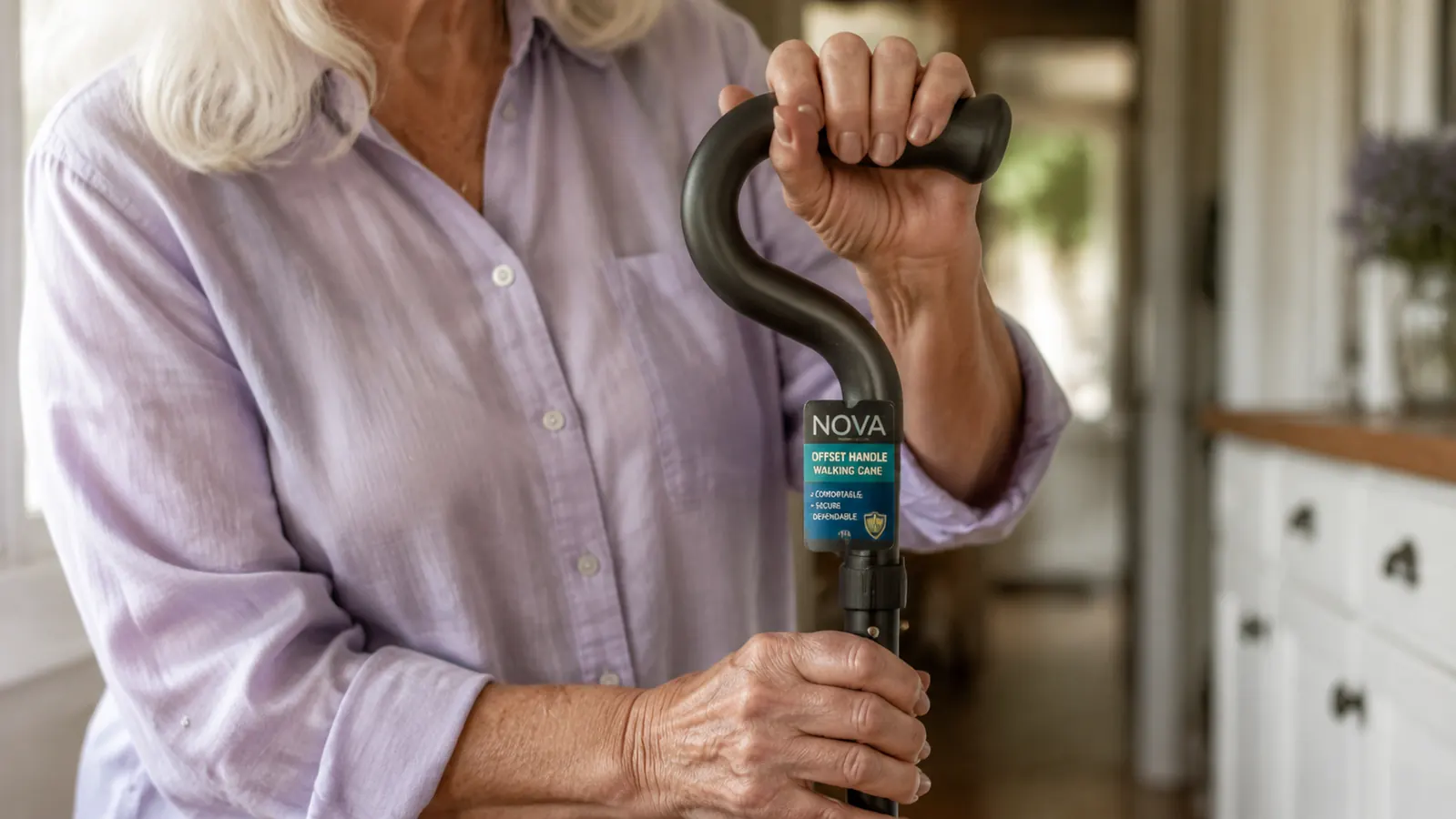 Close-up of a hand gripping the NOVA offset handle cane, showing the ergonomic handle shape and height-adjustment buttons