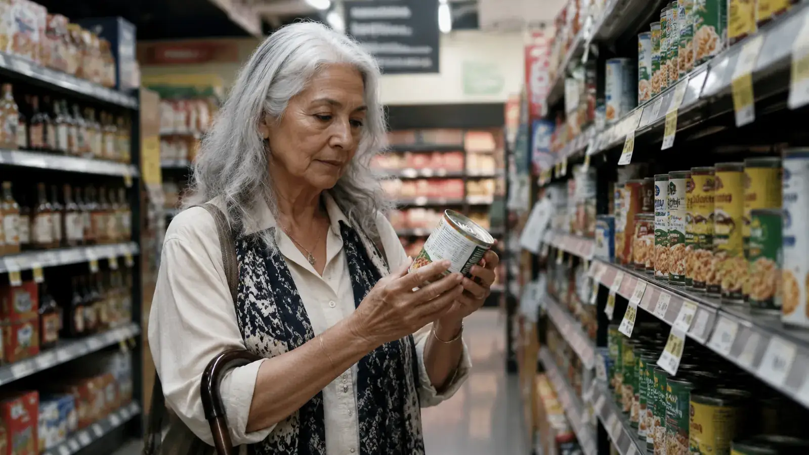Senior woman at a grocery store, cane hooked over her forearm while she examines a can on a shelf