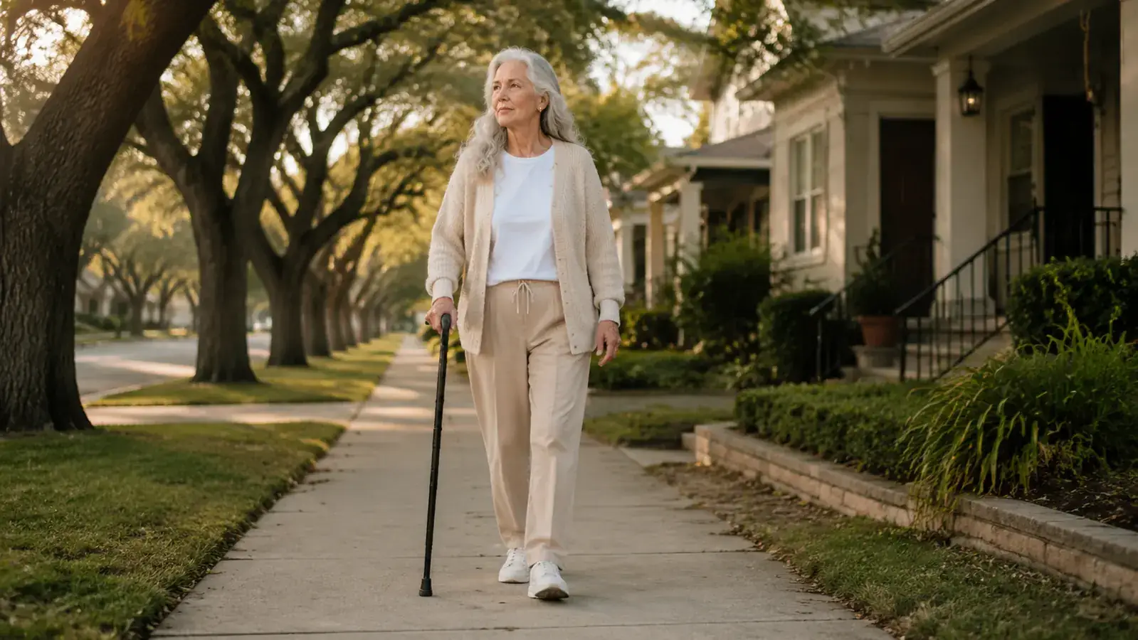 Senior woman walking on a tree-lined sidewalk in morning light, holding a black offset-handle cane confidently at her side