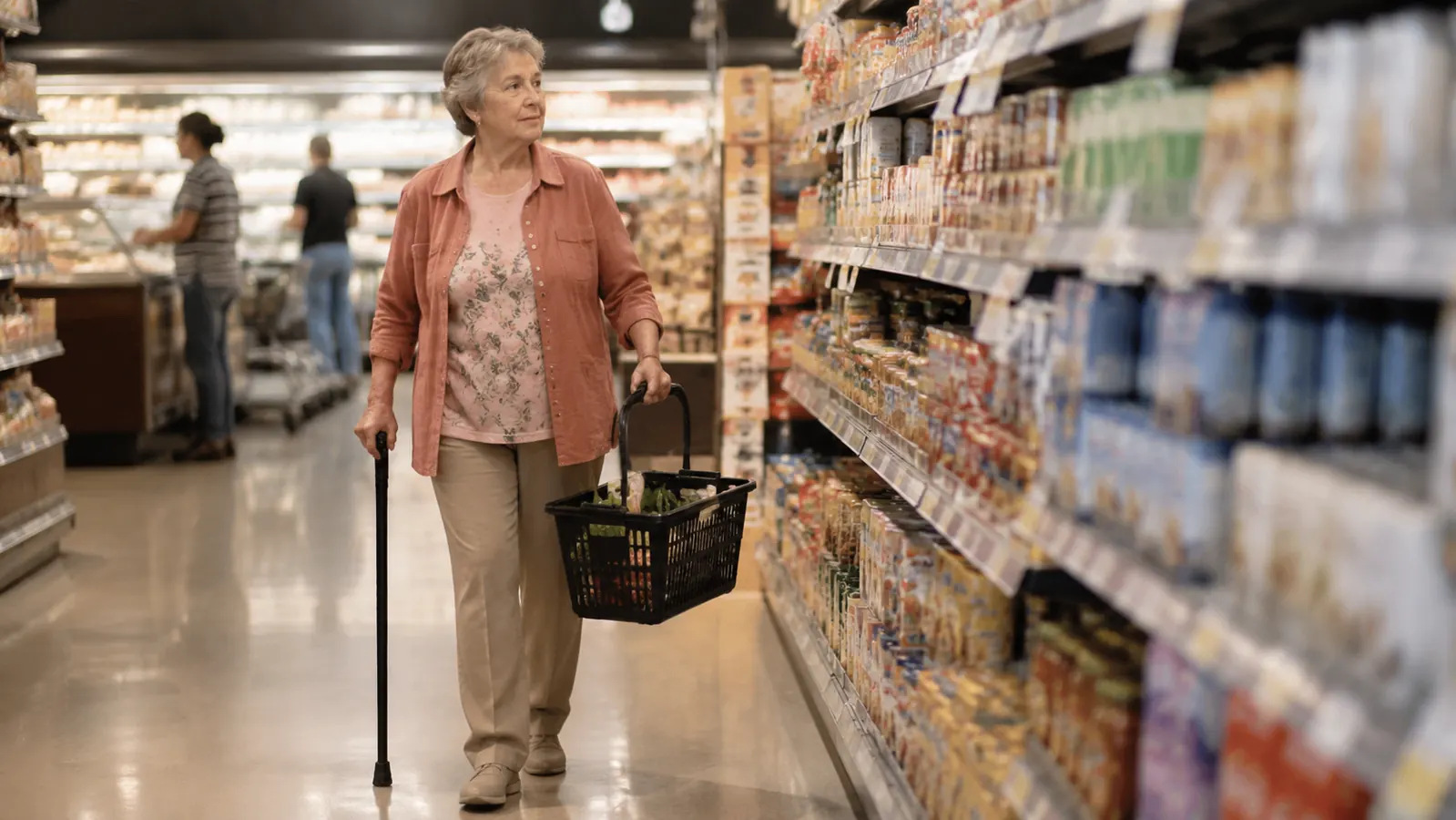 Senior woman navigating grocery store aisle confidently with an offset handle cane