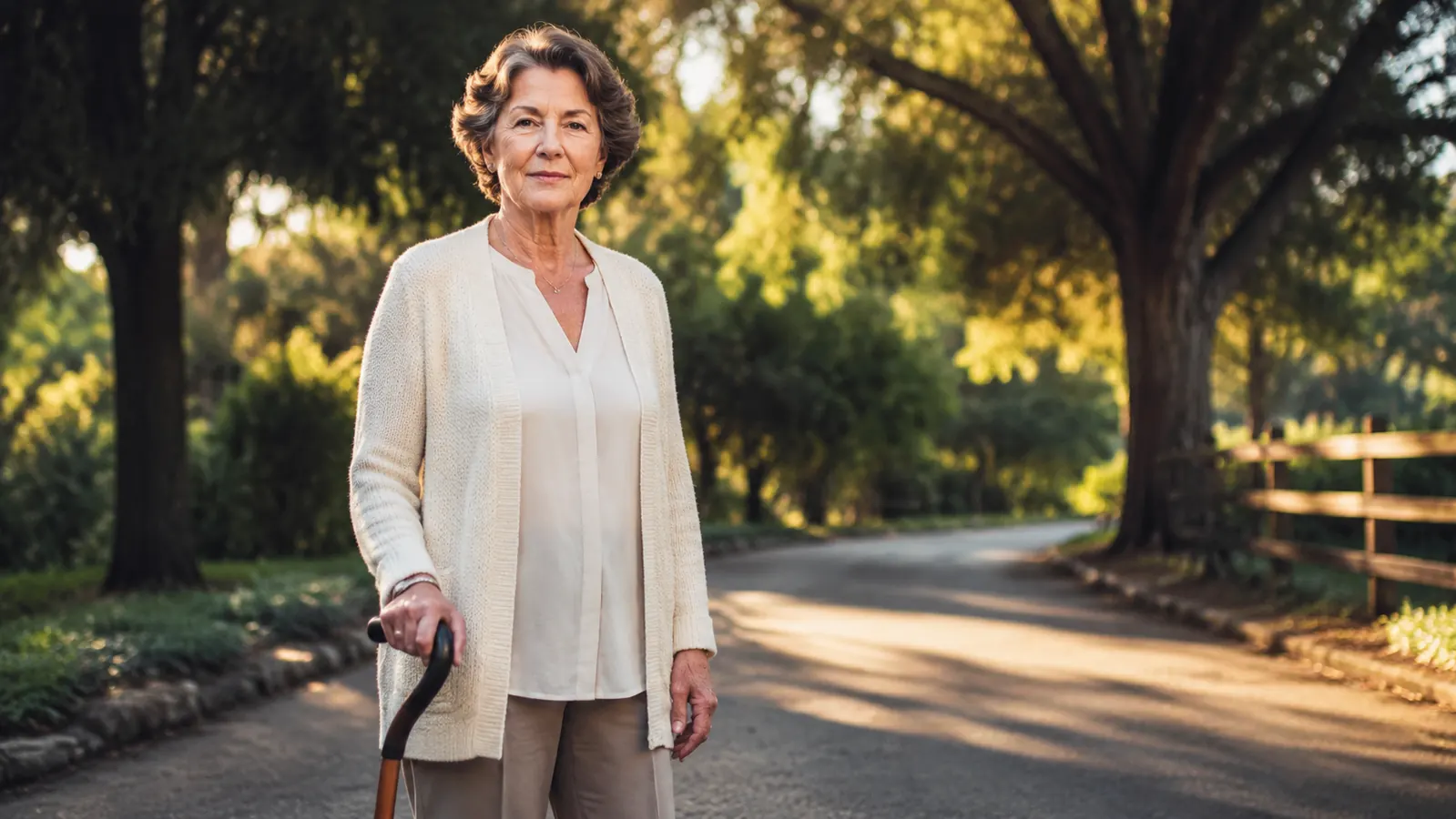Senior woman standing at a park path holding an offset handle cane, looking confident in morning light