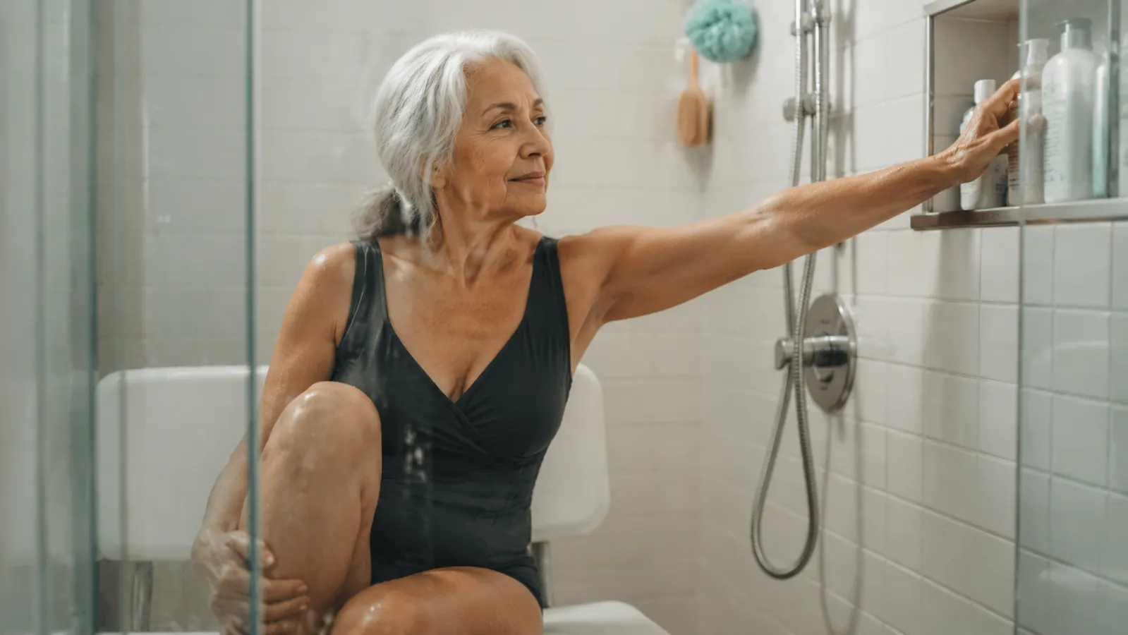 Senior woman sitting comfortably on a shower bench, reaching for a shampoo bottle on a wall shelf