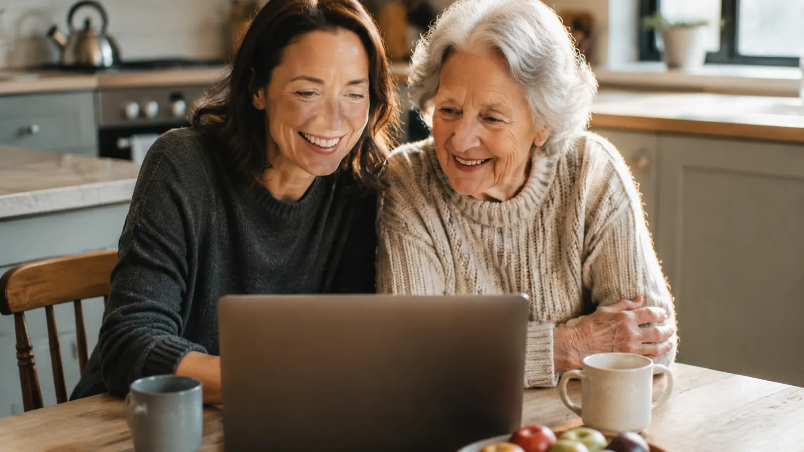 Adult daughter helping her elderly mother review a product on a laptop at a kitchen table