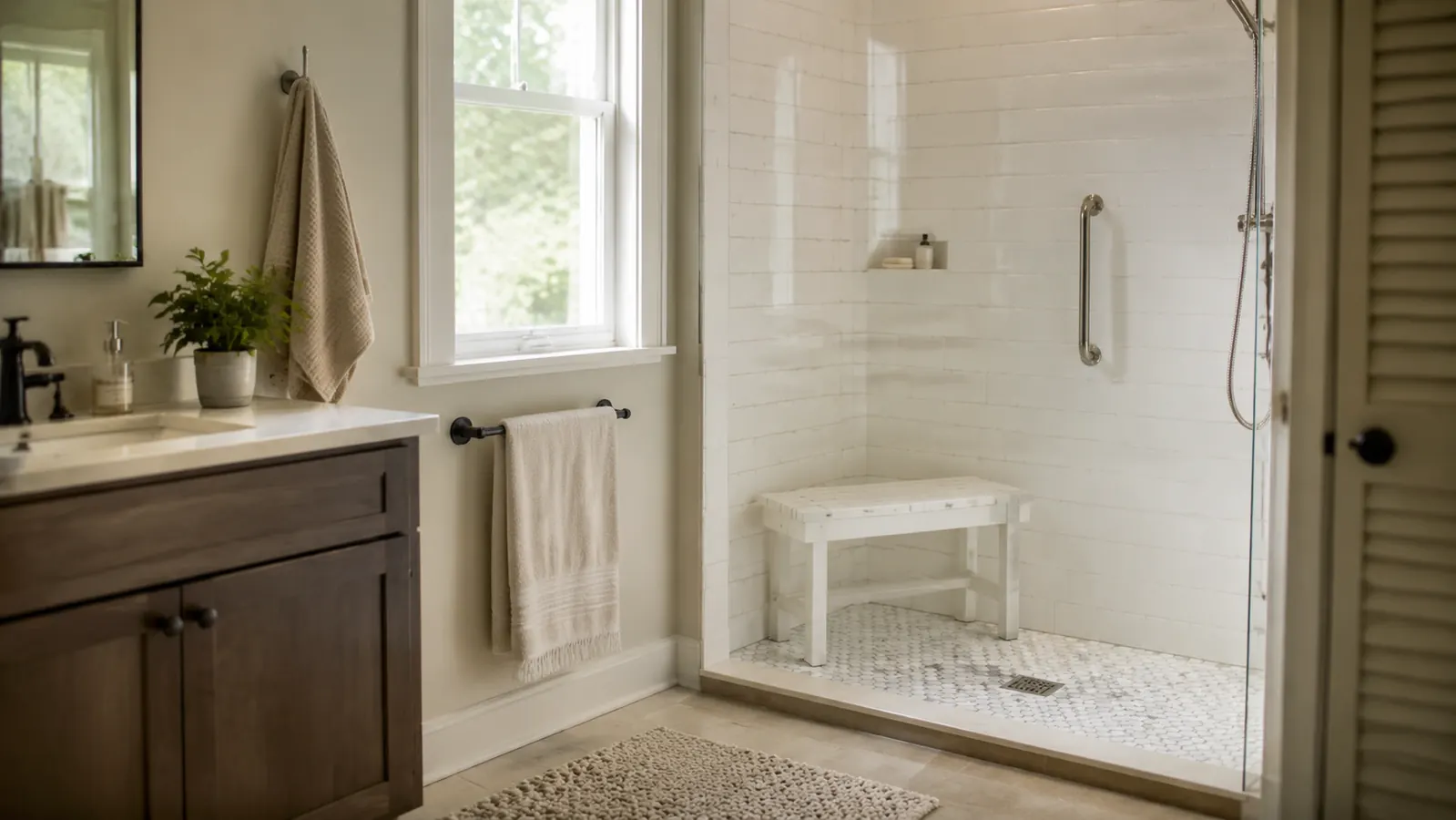 Soft morning light through a bathroom window, a teal-trimmed shower stall with a white shower bench visible inside