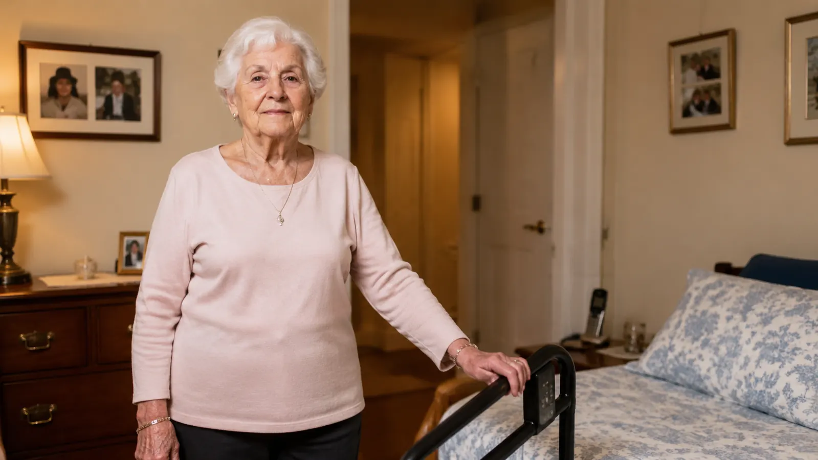 Older woman standing steadily next to her bed, hand resting on a bed rail, relaxed posture