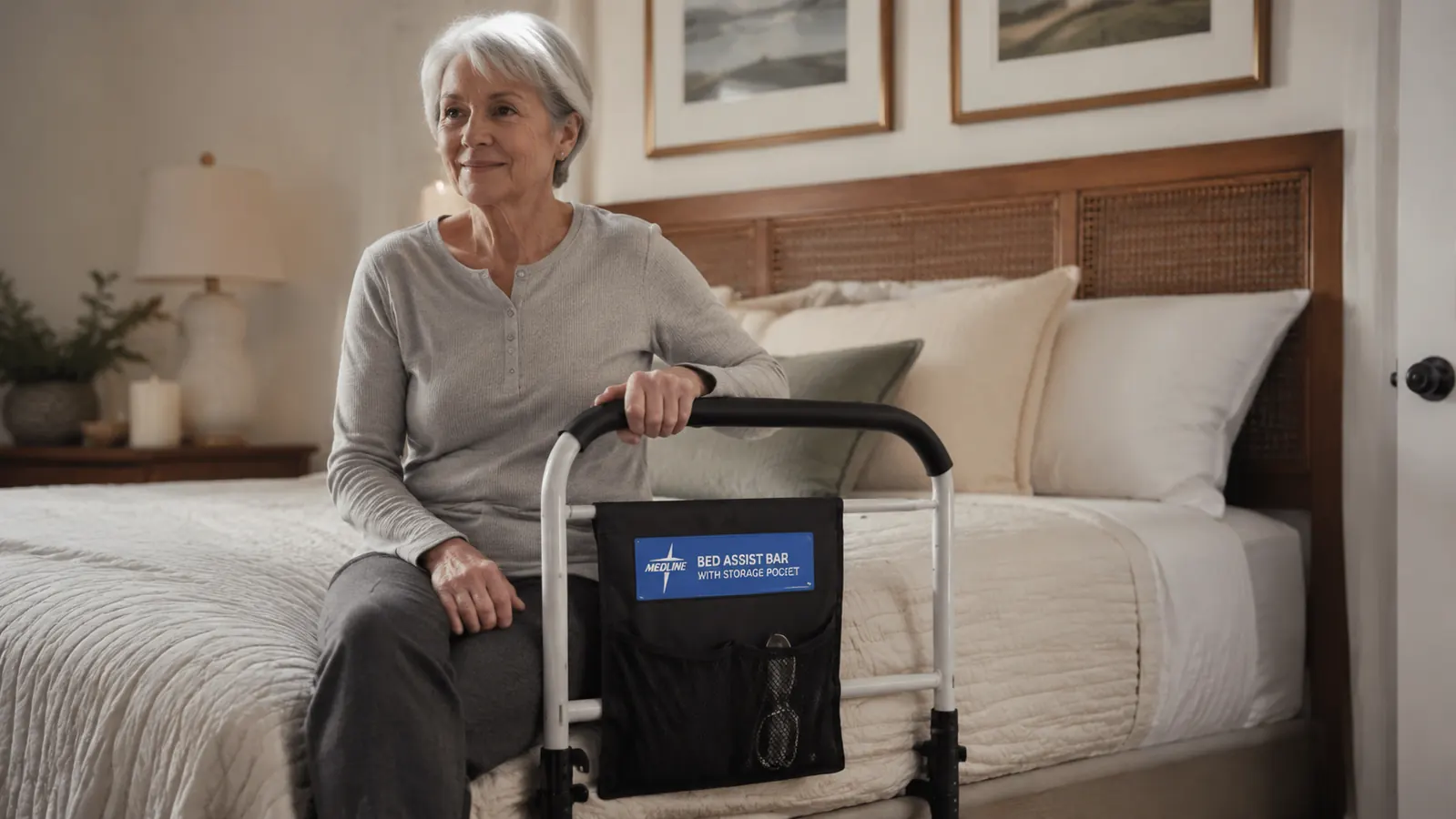 Medline bed assist bar installed on the side of a bed, showing the storage pocket and adjustable bracket