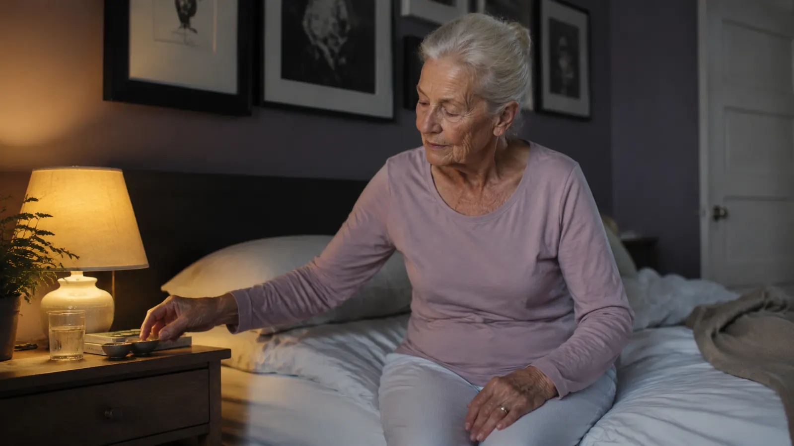 Senior woman sitting upright on the edge of a bed in the early morning, calm expression, soft lamplight, reaching toward a nightstand