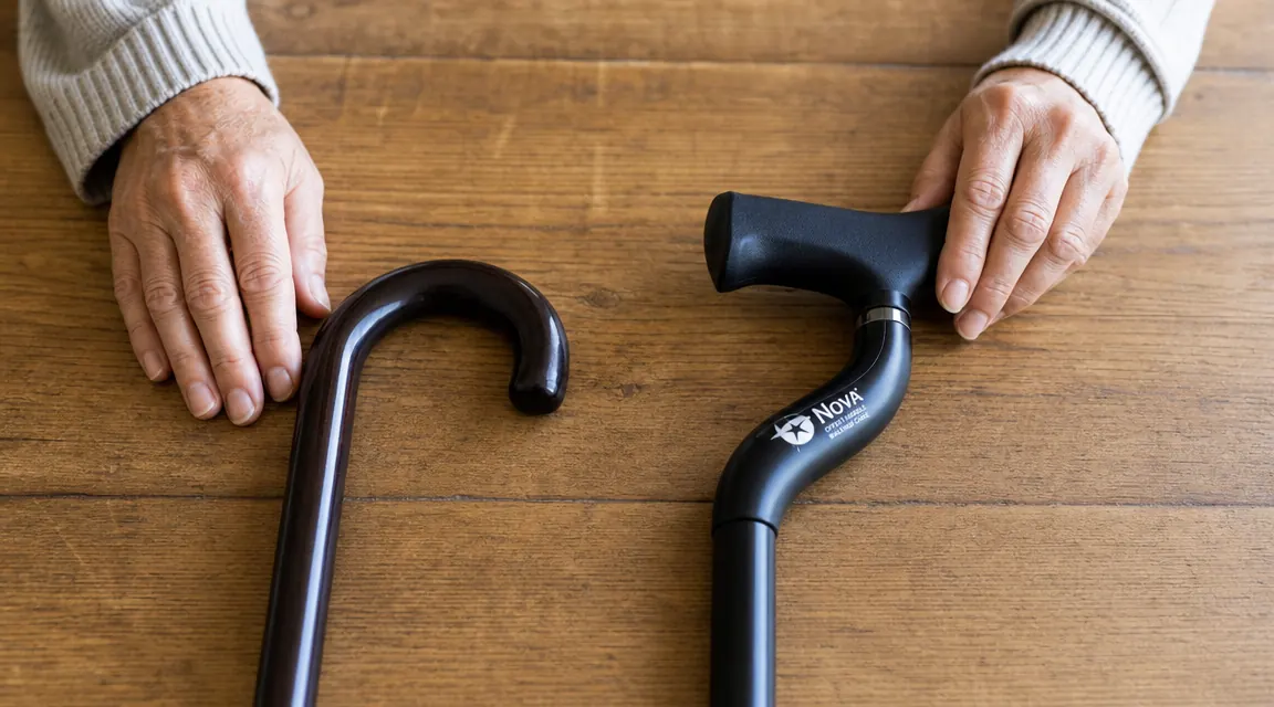 Close-up of a standard drugstore cane handle next to an offset cane handle showing the ergonomic difference