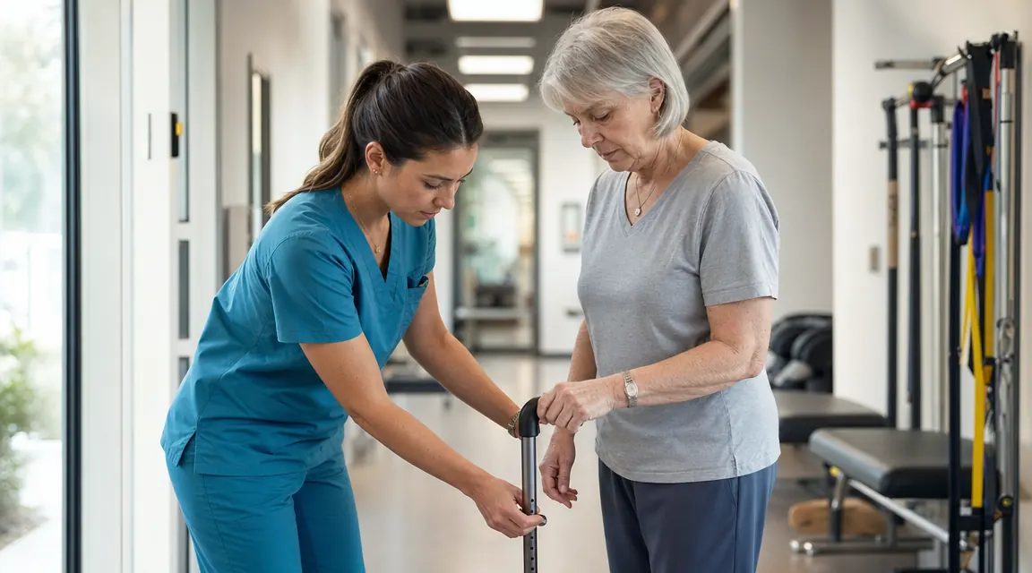 Physical therapist adjusting cane height for a senior woman in a clinic hallway