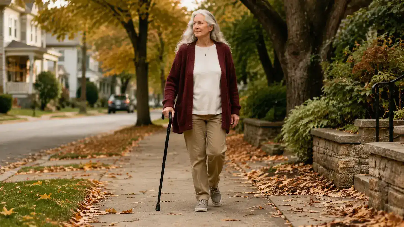 Senior woman walking on a neighborhood sidewalk with an offset cane, autumn leaves on the ground