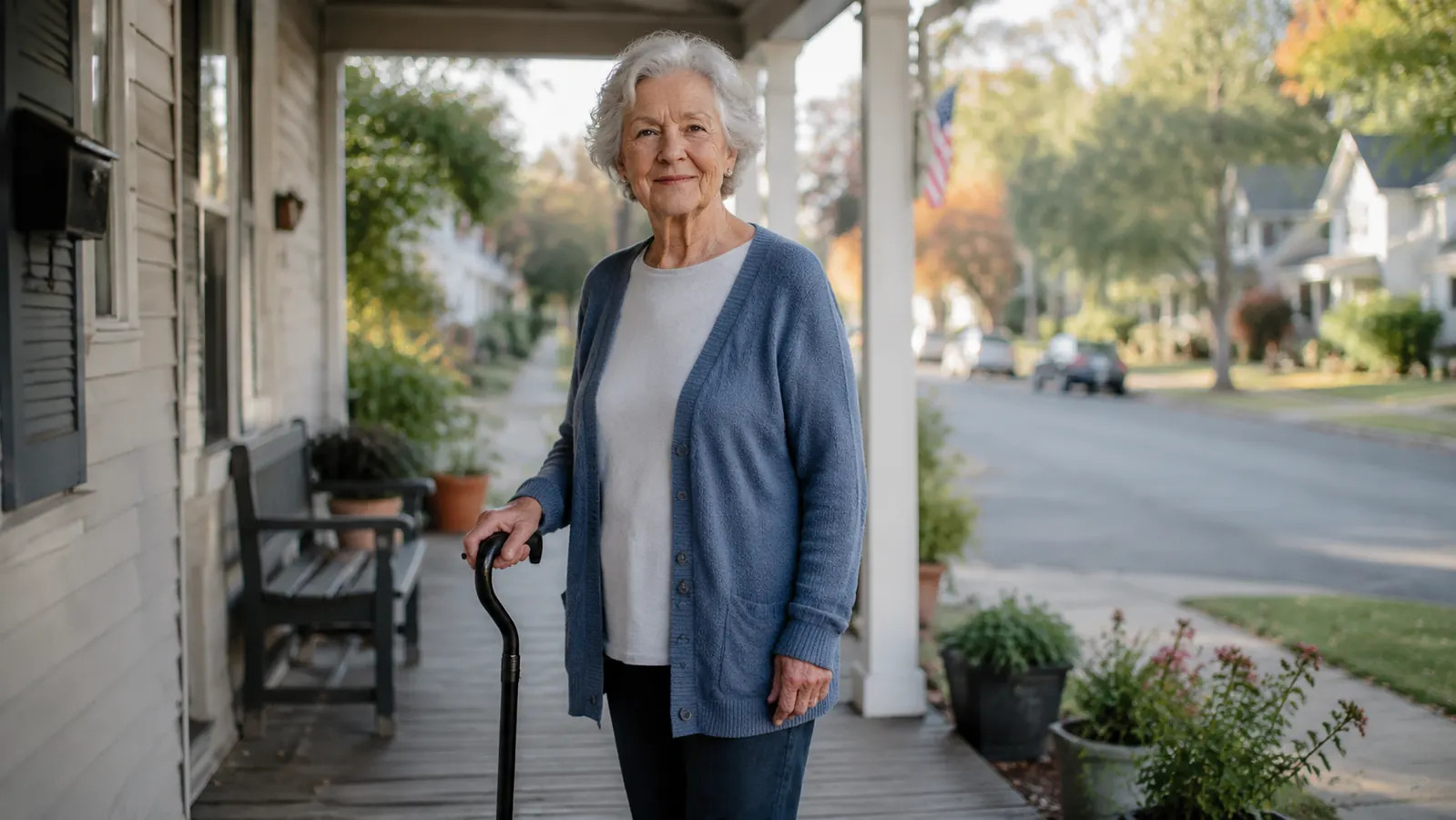 Senior woman standing on a front porch holding a modern offset cane, morning light, calm expression